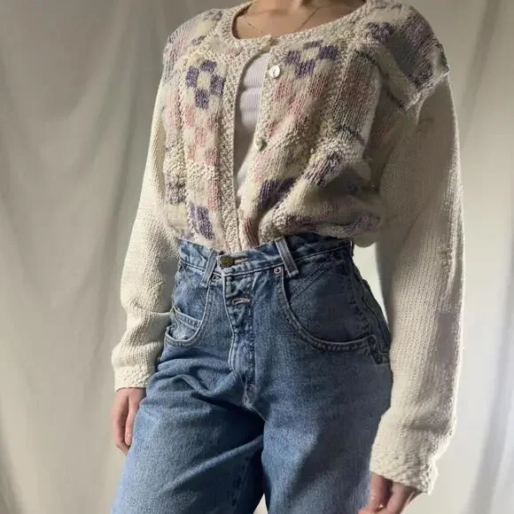 Vintage 90s Hand-Knit Pastel Patchwork Cardigan - Picture 7 of 7